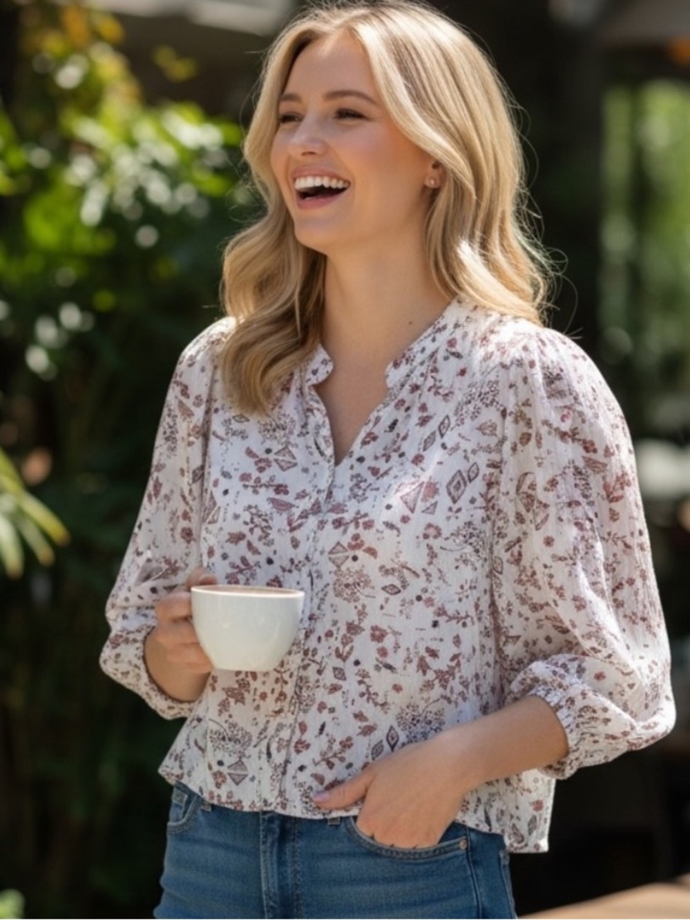 Z Supply Women’s Floral Print Button-Front White and Dusty Rose Boho Flowy Top - Picture 1 of 5